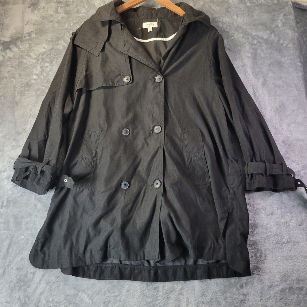 Umgee Womens S Black Trench Jacket Hooded Button Front Lightweight Belted Sleeve